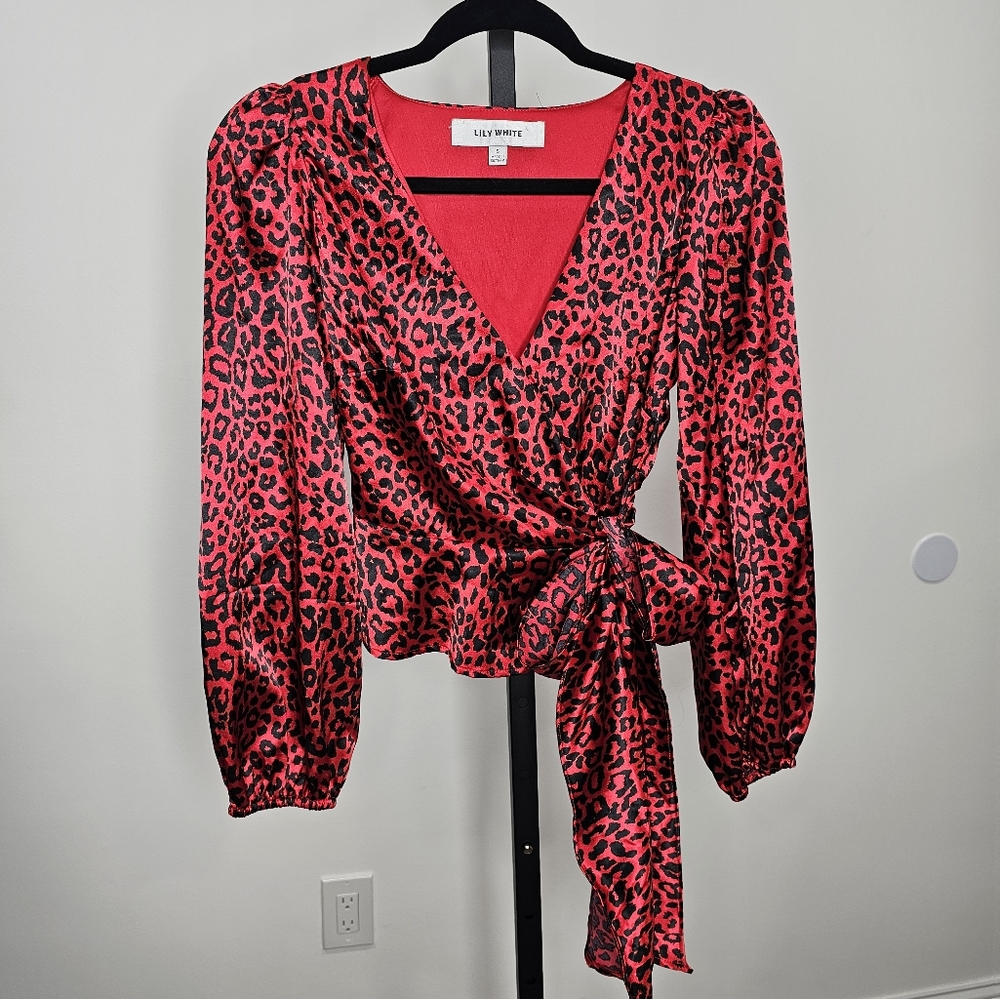 Leopard Print Wrap Top Blouse - Red